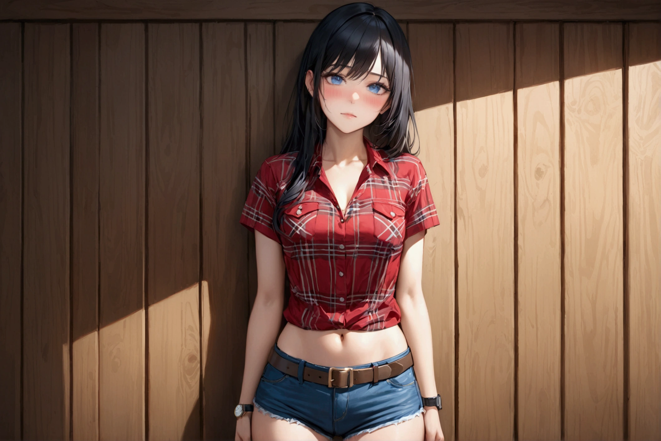 Woman with long black hair, blue eyes, An athletic body, Red plaid tight short sleeve cowgirl shirt, watch, Navel exposed, Denim hot pants, Brown belt with square buckle, Stand up straight, Blushed face、Strong drunk,In front of a wooden wall,Front view,Cowboy Shot,16K, Highest quality, masterpiece, Realistic, detailed