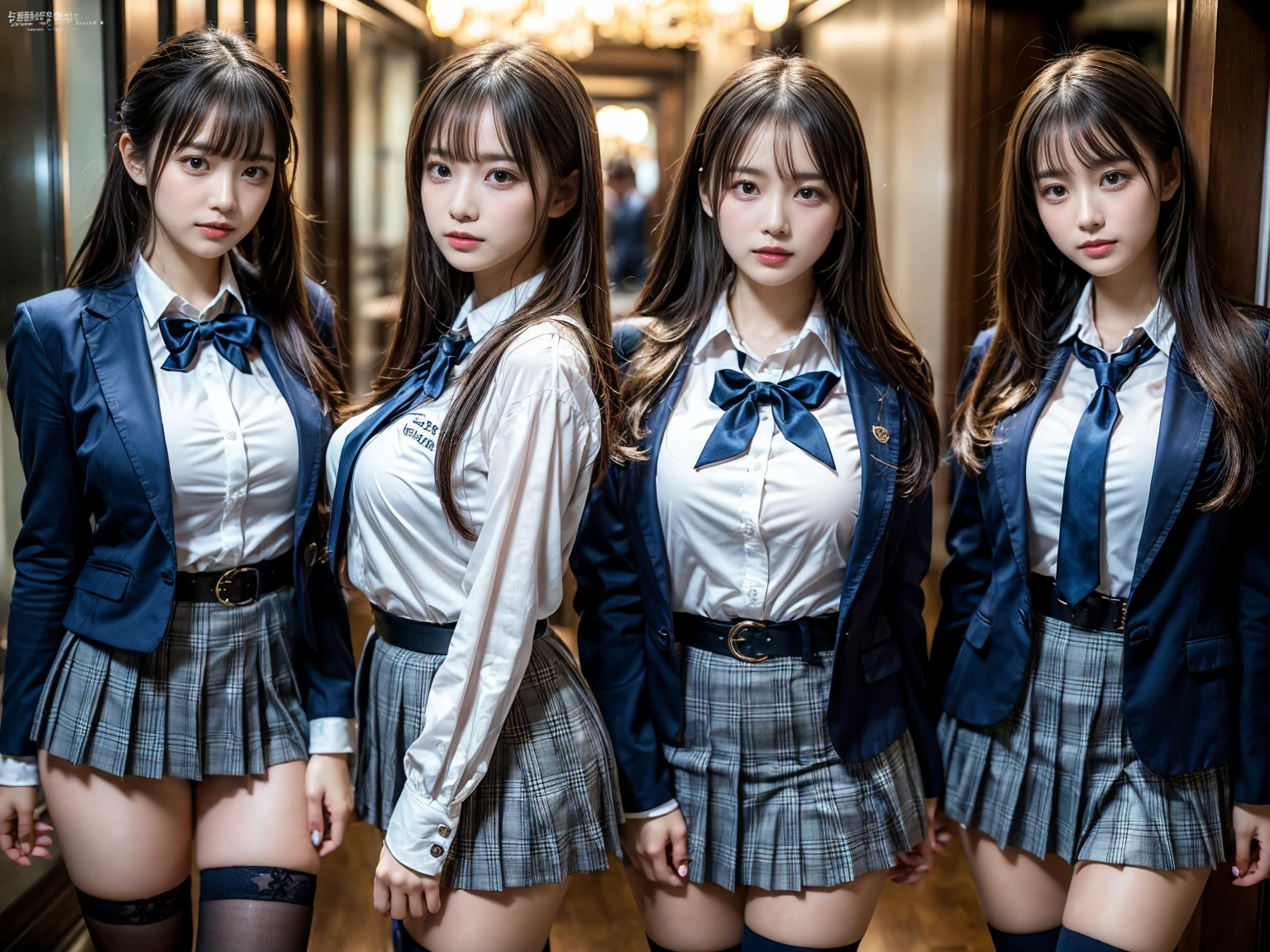 (8K, Raw photography, top-quality, masterpiece:1.2), master piece, best quality, illustration, Super detailed, fine details, High resolution, 8K,wall paper, perfect dynamic composition,(Details High quality, realistic depiction of eyes:1.3), ((2 girls, 2 schoolgirls)), The background is a luxury hotel room、High school girl uniform、blazer 、Super Short Check Uniform Skirt、Navy blue high socks、garterbelts、Colossal tits、Disturbed uniform, Play with each other,Touching each other's bodies,Touching the body of the girl next door, short bob hair, black hair color, huge breasts, Big Natural Color Lip, bold sexy pose, (perfect body shape), crying a little、cold gaze, Beautiful makeup,glitter makeup,Cutest 1, beautiful legs, hposing Gravure Idol, Voluptuous thighs