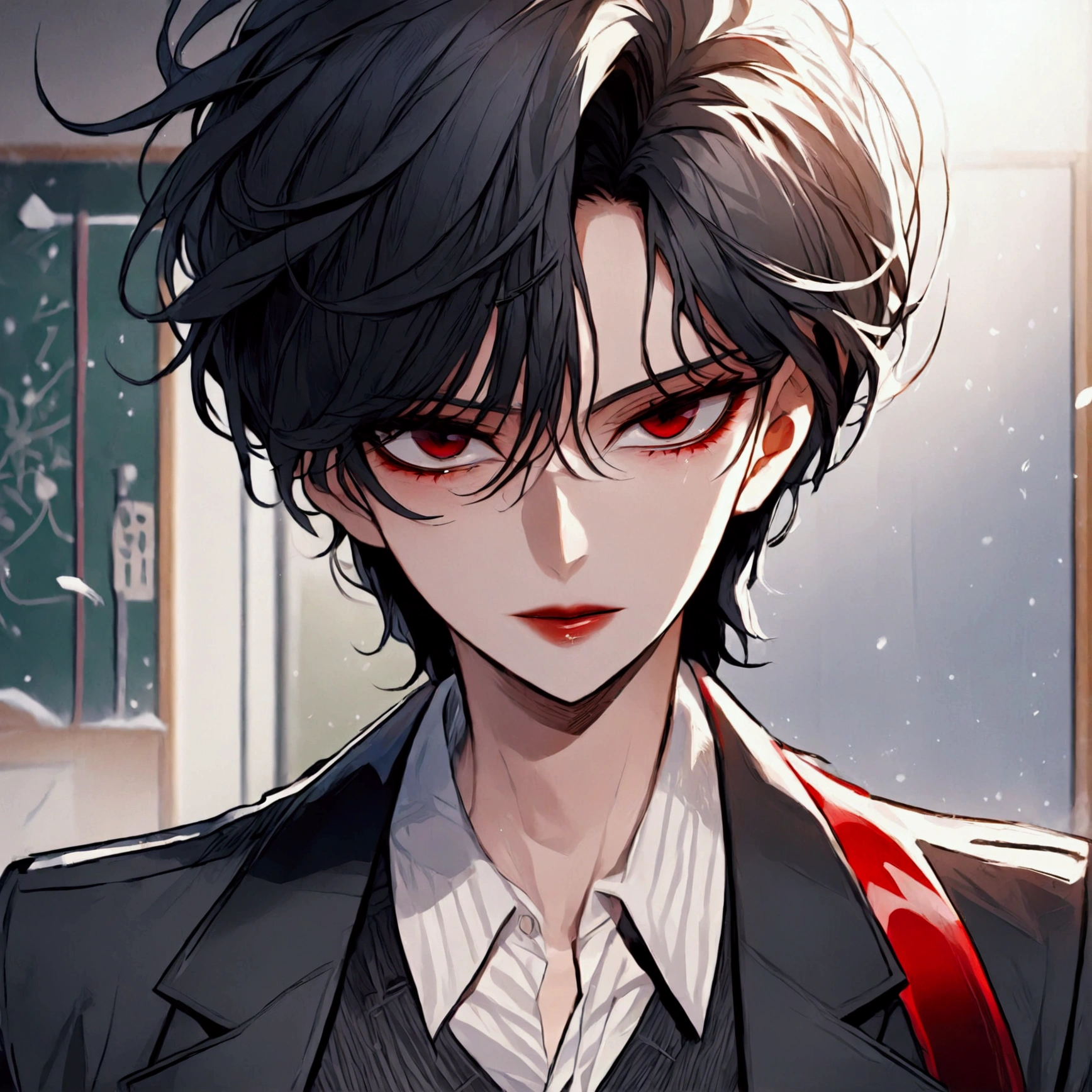 Feminine Shota, black wolfcut hair, school uniform, classroom, handsome, snow white skin, red eyes, fangs