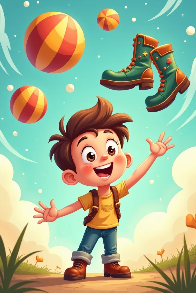 Cartoon of a boy wishing for boots and balls