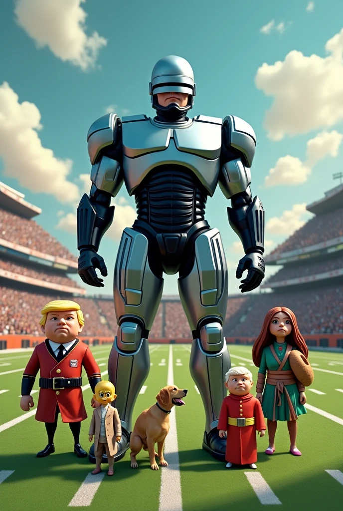 Create an image where these characters appear on an American football field:
- Robocop - Donald Trump - a dog - Baby Bop, Barney's friend - a wizard - Saiyan Gotenks failed transformation - Tweety - Sam with a mustache from Looney Tunes - a makaco