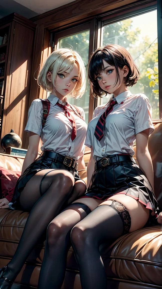 (Masterpiece: 1. 2), (Top quality: 1. 2), Anime girl, One, Blonde hair, Hair clip on right side of forelock, Black cap, Wine red eyes, White female shirt, Brand grey blazer, Small red ribbon across chest, Office clothes, One size larger shirt, Checked priss skirt, Black tights, tights with fine detail, full body, large breasts, front view, alone, bruised and super cute