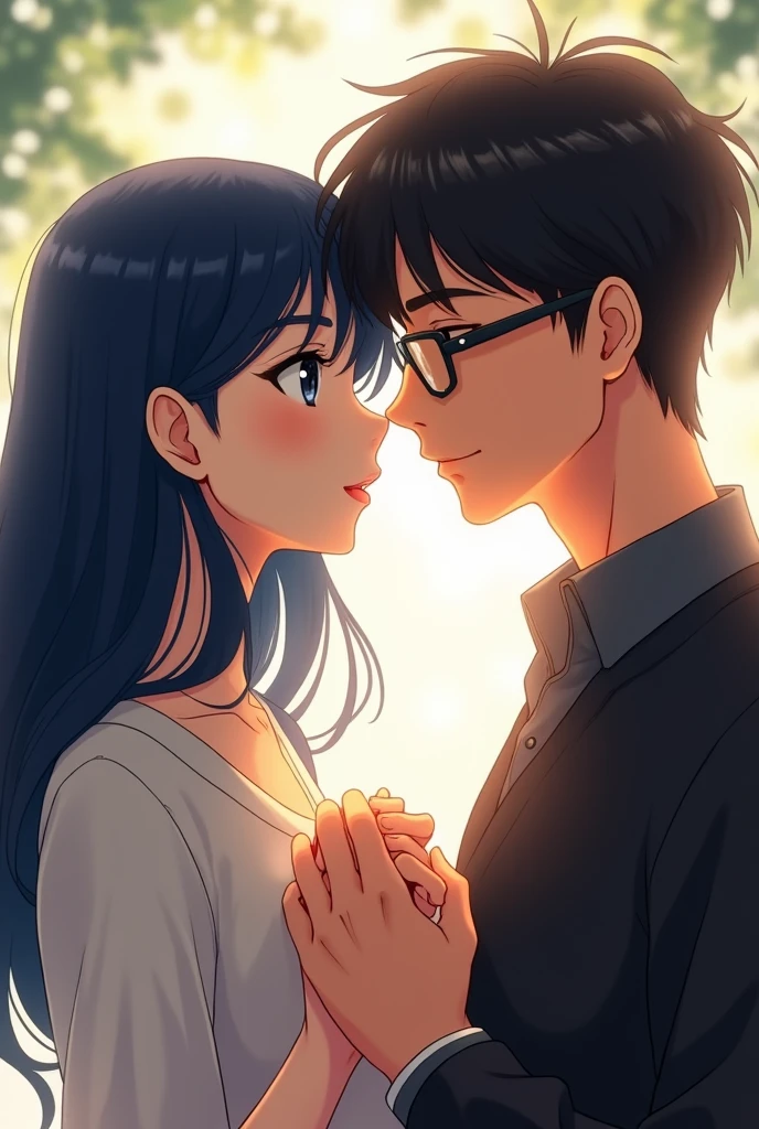 Anime drawing of a mature woman with long navy blue hair, holding hands with a mature man with short black hair wearing glasses