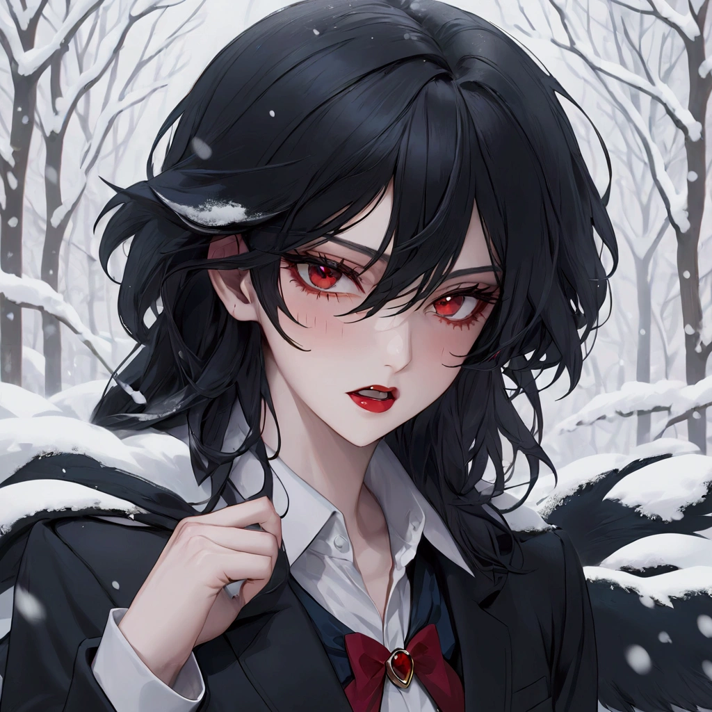 Feminine Shota, black wolfcut hair, school uniform, classroom, handsome, snow white skin, red eyes, fangs