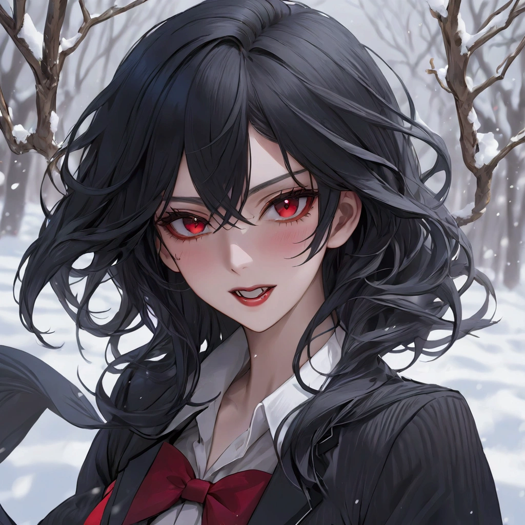 Feminine Shota, black wolfcut hair, school uniform, classroom, handsome, snow white skin, red eyes, fangs