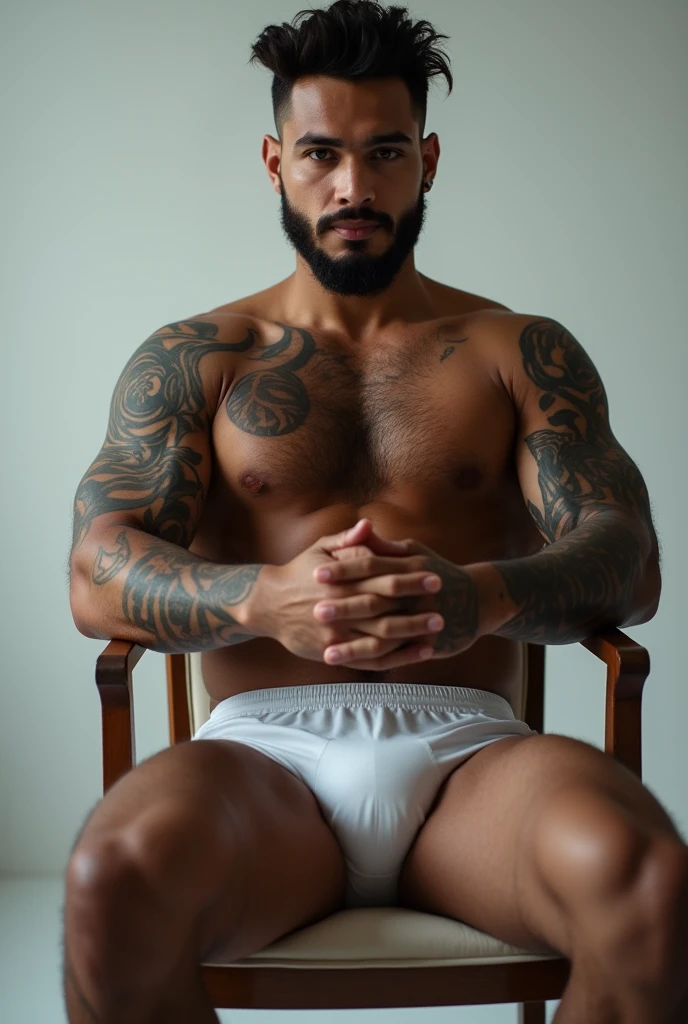 A young Puerto Rican man with a strong muscular beard and a full beard with tattoos on his arms and legs lying in white underwear on a chair, posing on bed, mid shot of a handsome guy, striking a hot and majestic pose, male sexy, caio santos, masculine pose, the extremely hot and sexy, very sexy pose, super hot and sexy, look sexy at the camera, beautiful young man, beautiful young man