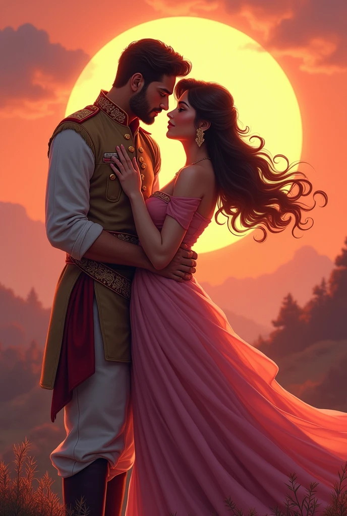 A beautiful princess with dark brown hair and black eyes wearing a aesthetic pink gown with a handsome indian soldier romantic moment anime style. Solar eclipse in background aesthetic picture