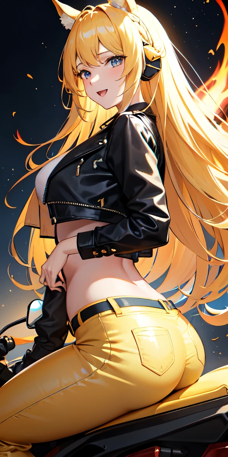 1 person,woman,((Long Hair)),((Full Bang)),((The tips of the hair spread)),((Golden Hair)),((Dark blue ribbon on right ear)),((Golden Flame)), ((Golden Flameの渦)),wallpaper, Wind景,Depth of written boundary, night, Particles of light, light, Side light, Thighs,****, cloud,Gaze, Large Breasts, Light blue eyes, Horse ears, Bright smile,Open your mouth,Wind,((Rides a big yellow motorcycle)),((vehicle)),((Driving)),((Straddle)),((Yellow Riders Jacket)),((Black rider pants)),