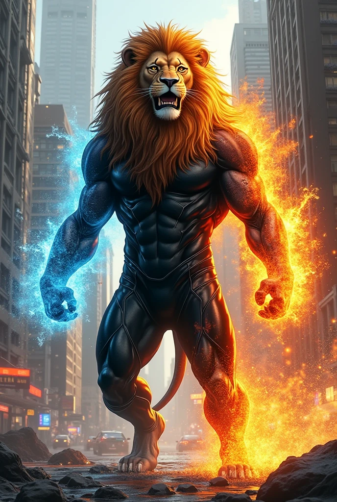 Lion in black hero costume in the city and fire on his head and burn his hand and one is broken and it's half face is burn and one hand in ice and one leg in fire and one leg in ice and eyes on Burn  Lion breathing fire from its mouth