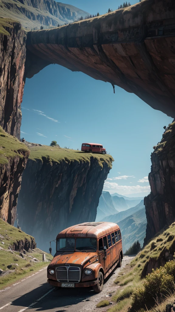 make a very real picture of a rusted long bus being stuck on a very high cliff, scary scenery, hyper-realistic, 16k