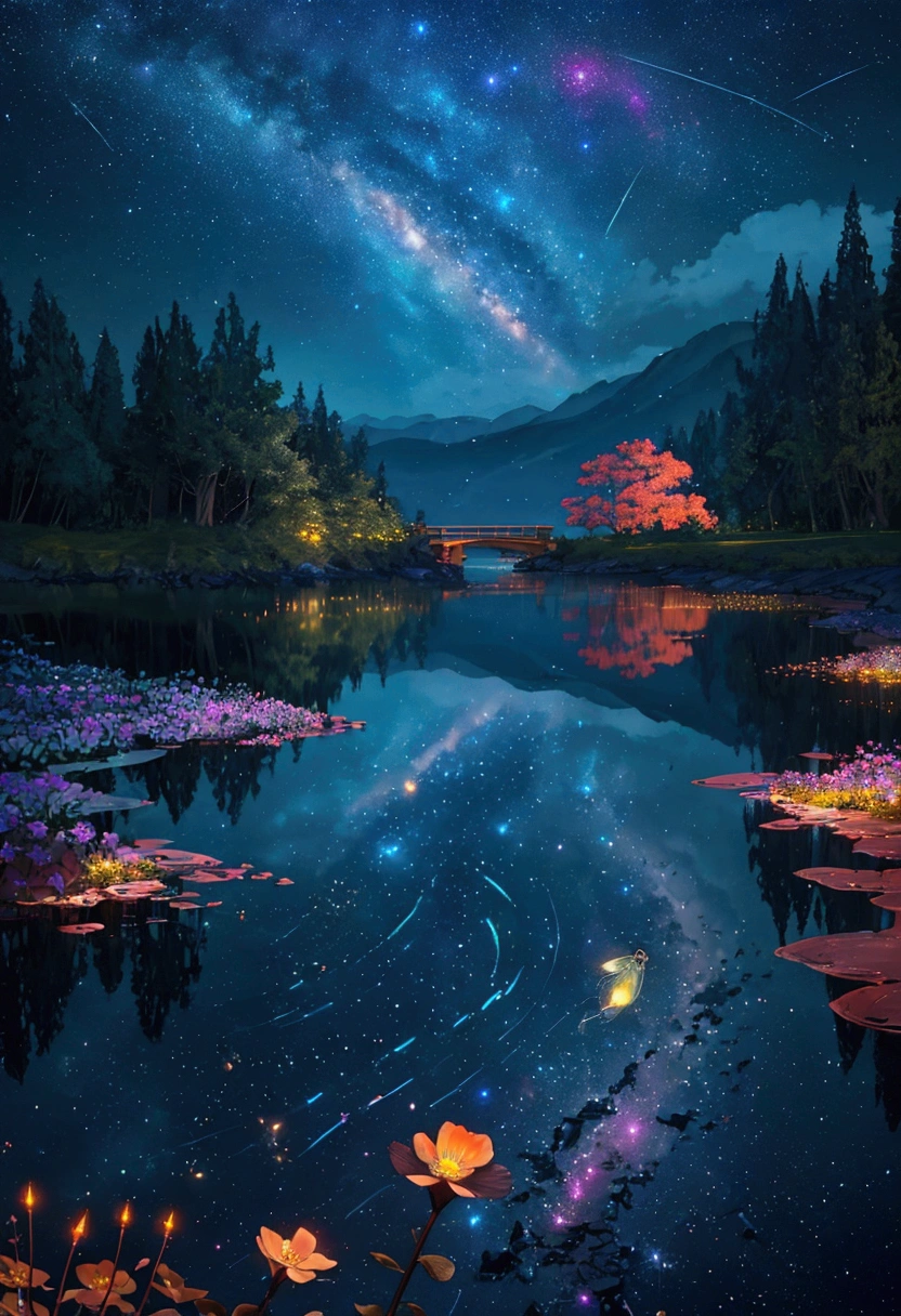 Main Part, Gorgeous, landscape, (((No_HumaNos))), night, flower, flower园, Starry Sky, constellation, amazing, Vista, water, Warm, Comfort, peaceful, meteor, Cosmic, magic, magic, Particles, Fair, ((firefly))