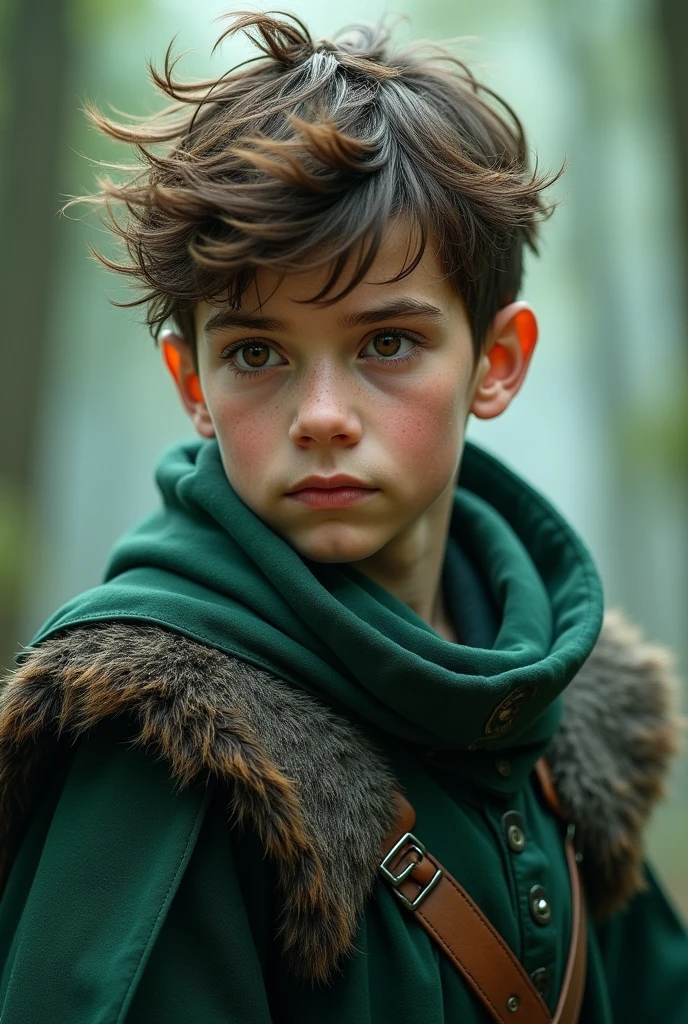 Boy around 15, ((( Green + black outfit) Norse warriors clothes,Short brown hair, detailed face, detailed brown beautiful eyes, (intricate:1.3), (arcane aura:1.2), (dreamlike:1.3), (subtle mist:1.1),(vibrant colors:1.2), (detailed hair:1.3), (ultra realistic details:1.5) full body photo 
