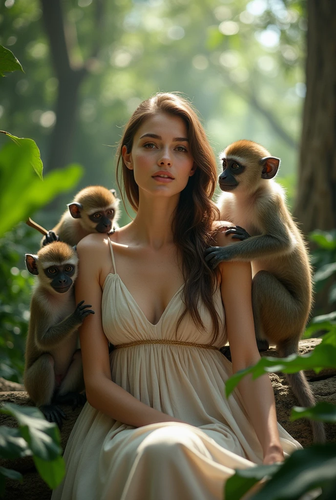 One women photo 
 with Monkeys in side women

