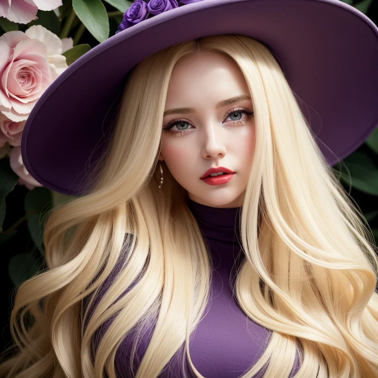 Curvy body,muscular stomach ,perfect face, red lips, green eyes,long black hair with very long blonde hair, super long blonde hair with very super long black hair, large hair, huge hair, woman wearing purple waisted mermaid dress, flowers hat, macro photography, macro lens, close-up, highly detailed ,A girl crying and tears falling from her eyes