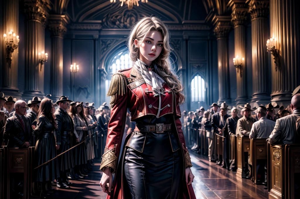 masterpiece,best quality, masterpiece, high detail,detailed face,detailed eyes,rendered eyes,perfect eyes,hip lines,crisp image,detailed,amazing,8k,8k wallpaper,8k background,high detailed skin,high res, (((cowboy shot))), solo, 1girl,looking at viewer,WillowSchnee, . Her attire consists of a white cravat secured by a silver brooch set with a red stone, as well as a light violet jacket with light sleeves, a wide belt around her waist, a matching pencil skirt with black tights and slippers. serious expression, standing with military officer outside ornate theater, gala, blue carpet, crowd, ((crowd arriving in military uniforms)) standing near military vehicle, holding wine glass, (volumetric lighting), sharp focus, hyper detailed