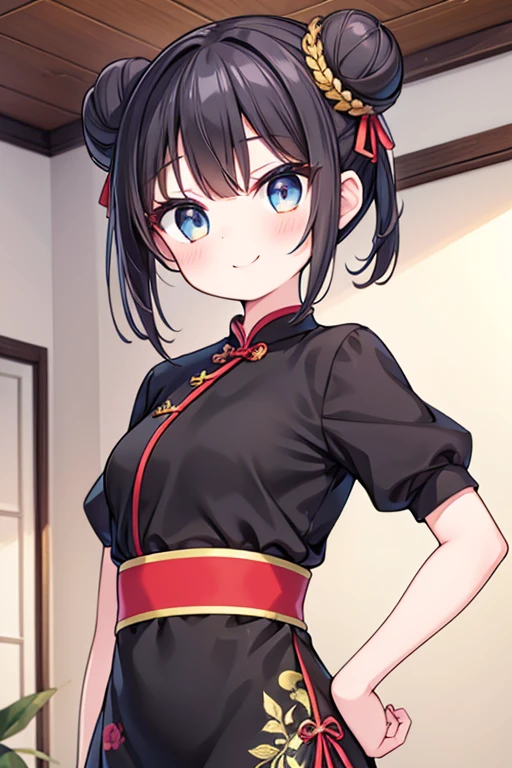 One girl, Upper Body,Qipao,smile, Put your hands on your hips,Bun Hair, Bright Eyes, Sparkling eyes, Open your mouth, 