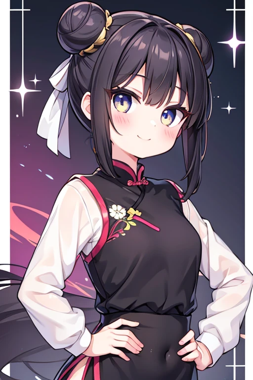 One girl, Upper Body,Qipao,smile, Put your hands on your hips,Bun Hair, Bright Eyes, Sparkling eyes, Open your mouth,