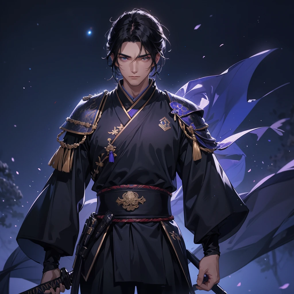 A Handsome black-haired male general holding a large sword in black-blue ancient Chinese general costume, background is a dark moonless night, with dry trees in the background, and purple glowing light, close up.