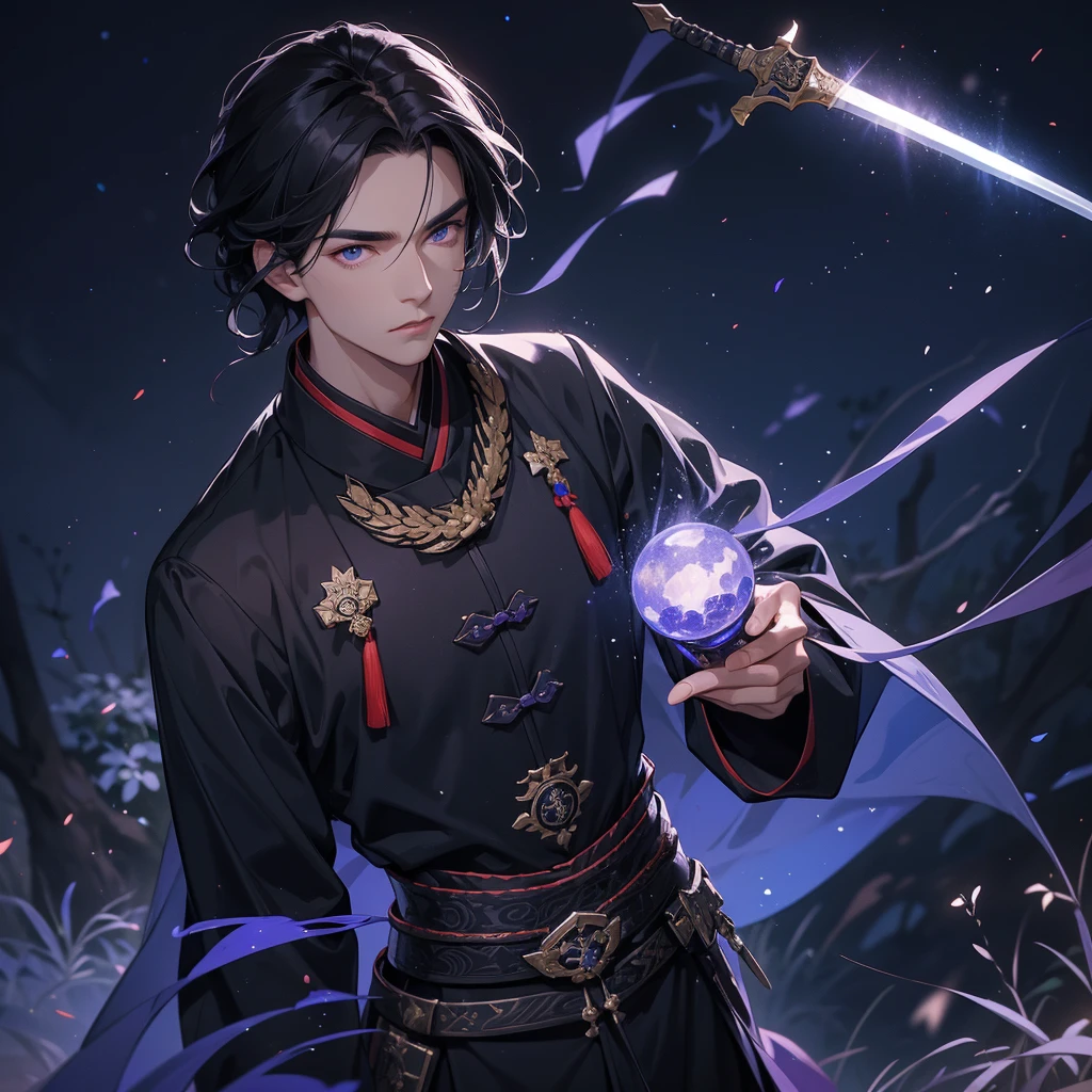 A Handsome black-haired male general holding a large sword in black-blue ancient Chinese general costume, background is a dark moonless night, with dry trees in the background, and purple glowing light, close up.