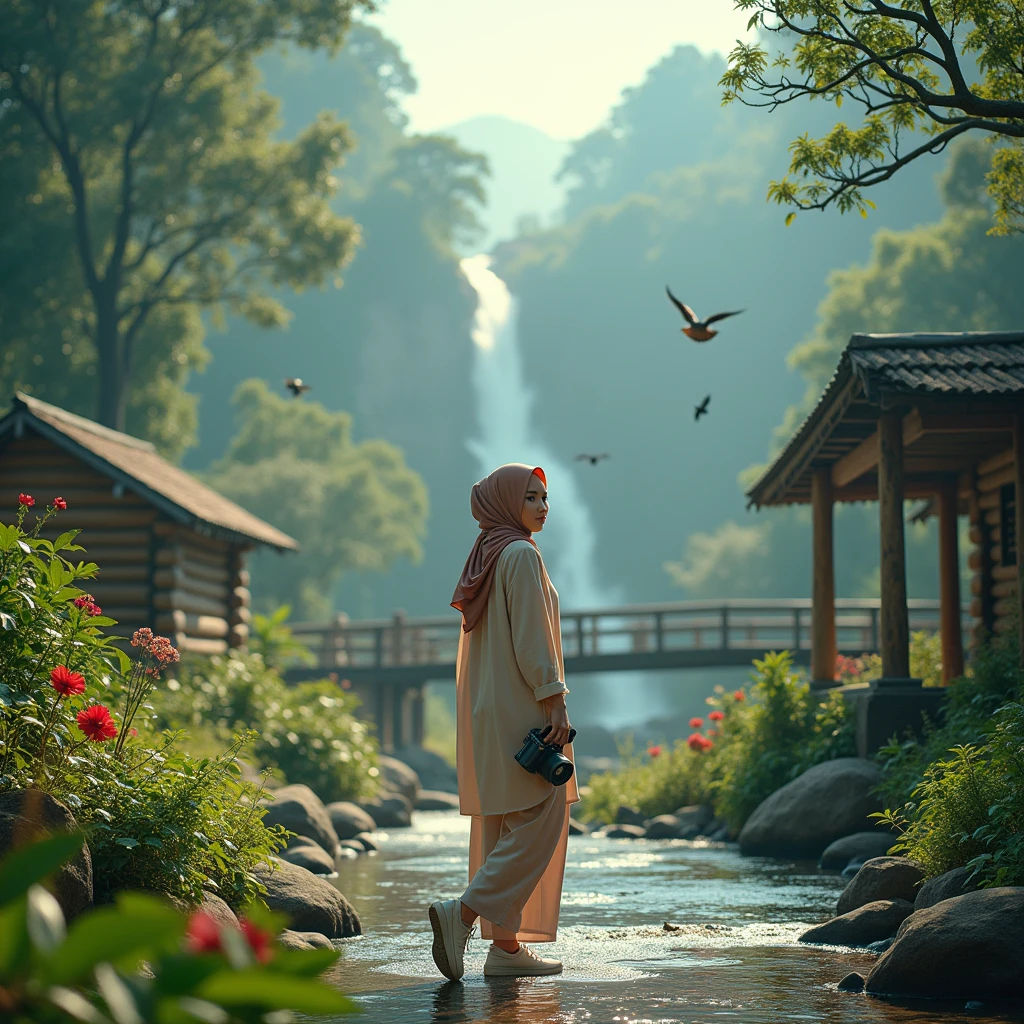 make an original photo of a beautiful young Malay woman with a clean and soft face,Wear long clothes ,casual pants ,Hijab , wearing sneakers ,standing pose /walking full body while holding the camera 📷,beautiful natural scenery background, river, waterfall , log cabin, bridge,river air bening ,there are green plants,flower ,red betel plant, Lotus , there is a swing ,flying bird, realistis HD high-quality photography, high focus, long shoot cinematic,32k. Upside-Down, Fujicolor, 