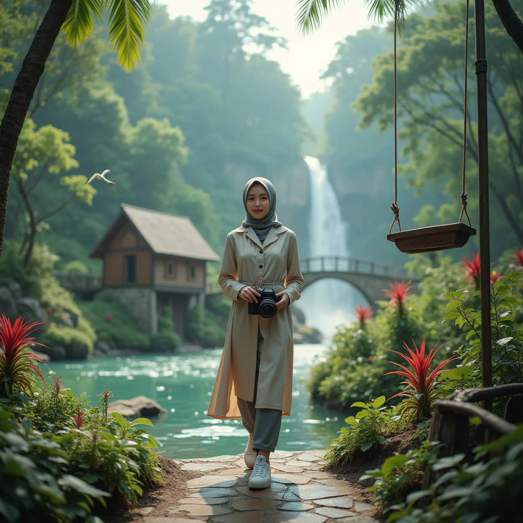 make an original photo of a beautiful young Malay woman with a clean and soft face,Wear long clothes ,casual pants ,Hijab , wearing sneakers ,standing pose /walking full body while holding the camera 📷,beautiful natural scenery background, river, waterfall , log cabin, bridge,river air bening ,there are green plants,flower ,red betel plant, Lotus , there is a swing ,flying bird, realistis HD high-quality photography, high focus, long shoot cinematic,32k. Upside-Down, Fujicolor,