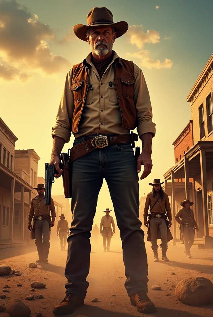 Western movie poster, the sheriff in the foreground, Indians and bandits in the background, diligence, hello, old west town in the background