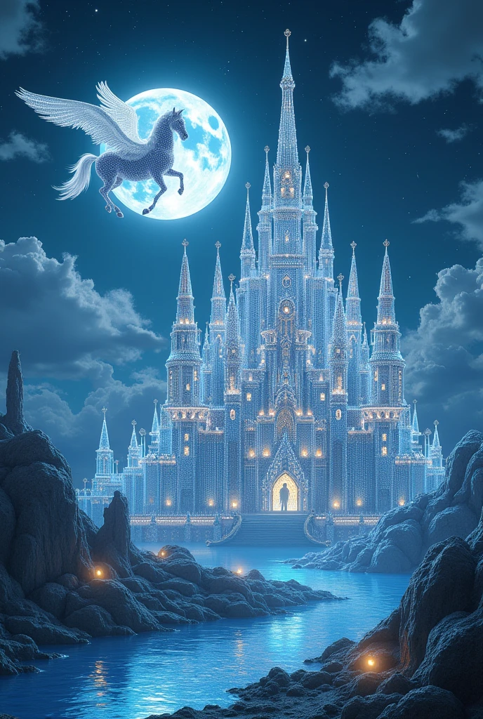 Extremely big Heaven Palace in a big area made of diamonds and in front of this palace a flying horse besides it . And a full moon is giving light small angels are walking around . And in front of this palace a river of fresh water is flowing