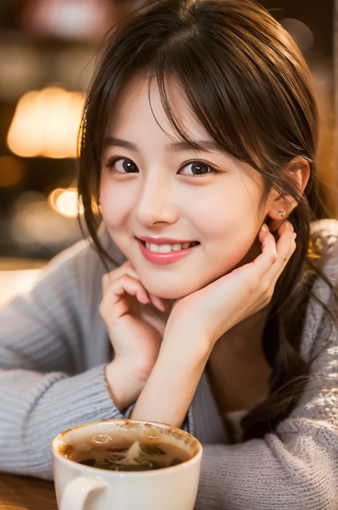 8k, RAW photo, best quality, masterpiece:1.2), (realistic, photo-realistic:1.4), (extremely detailed 8k wallpaper),Generate an AI image of a beautiful 20-year-old Japanese woman with an irresistibly charming smile, sitting in a cozy café. She is holding a cup of tea with both hands, her eyes sparkling with warmth and innocence. Her facial expression is so captivating and cute that it feels like love at first sight. The atmosphere should be inviting, with soft lighting highlighting her delicate features and the comfortable, relaxed environment of the café."
