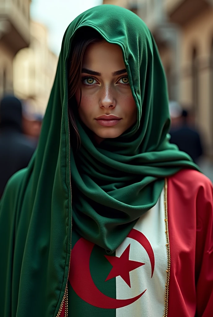 Veiled Arab woman, wearing Algerian flag jacket 