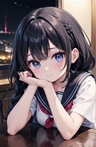 (In 8K, Highest quality, The pieces fly:1.2)、Ultra-high resolution,1 female ,Ultra-high resolution,Highly detailed face, Detailed eyes,smile,school uniform, Sailor suit,French Braid,((Show your hand, Put your elbows on the table, Slap in the face)),(Side light,Neon Light),Black Hair,Night view,Round Table,((I'm sitting in a chair overlooking the Ferris wheel.))