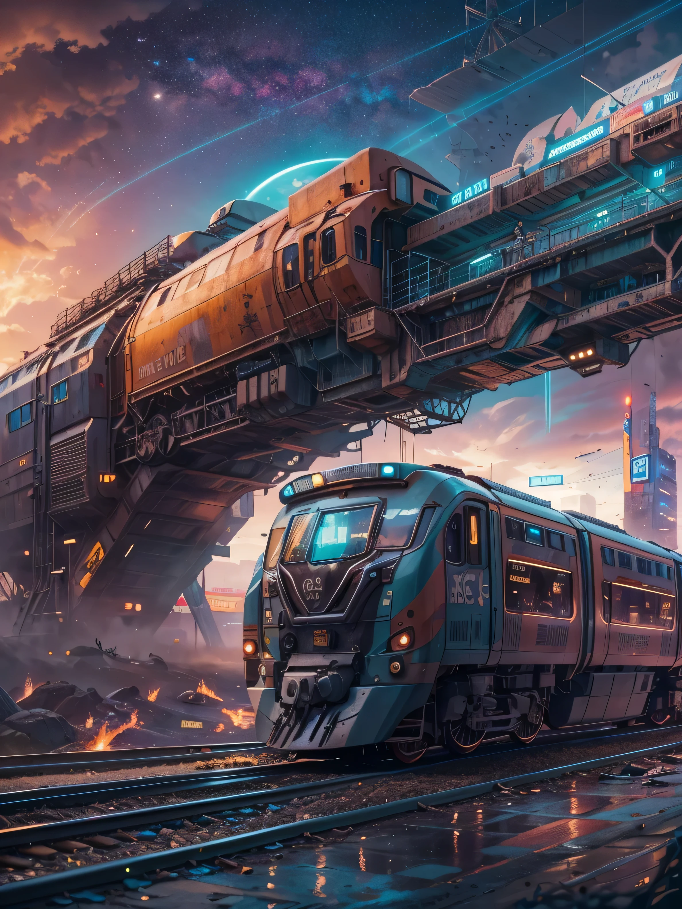 The best images, (8K, RAW photogr, actual), trains, the milky way express, futuristic vehicle, Transformers steel train,optimus prime train,Lite version, iridescent metal plating, Detailed and delicate depictions and gorgeous and dynamic painting techniques, background galaxy, magnificent view, professional flame,ultra-realistic realism,futuristic train fantasy,Surreal dreams,Surrealism art fantasy style,Epic digital fantasy art style,lute,HighDynamicRange,Beautiful sci-fi art, Sci-fi train digital art illustration, Digital Cyberpunk Art, science fiction digital painting, futuristic digital painting, futuristic concept art, Sci-Fi Galaxy Train Cyberpunk, The landscape in front of cyberpunk alien utopia, science fiction digital art, Advanced digital cyberpunk art, dreamy cyberpunk girl