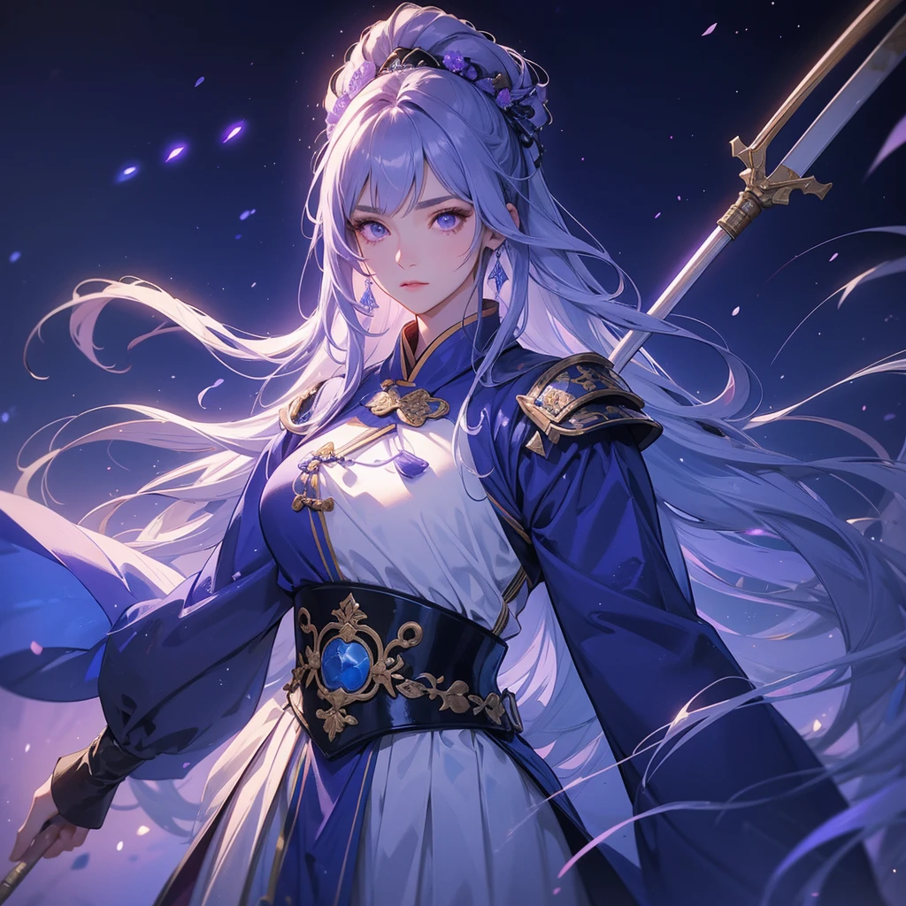 A beautiful female general holding a big spear in white-blue ancient Chinese general costume, background is a dark moonless night, with dry trees in the background, and purple glowing light, close up.