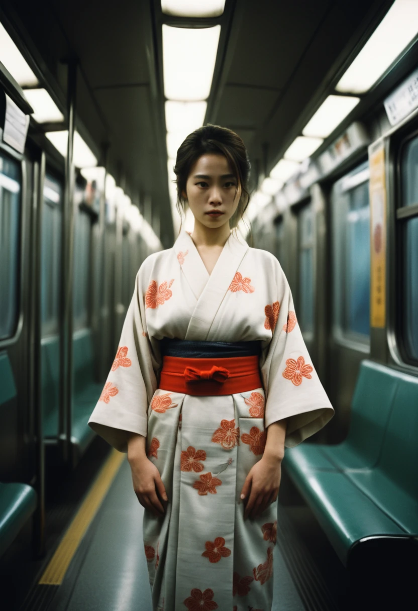 cinematic film still of Kodak Motion Picture Film: (Sharp Detailed Image) An Oscar winning movie for Best Cinematography a woman in a kimono standing on a subway train in Japan Kodak Motion Picture Film Style, shallow depth of field, vignette, highly detailed, high budget, bokeh, cinemascope, moody, epic, gorgeous, film grain, grainy