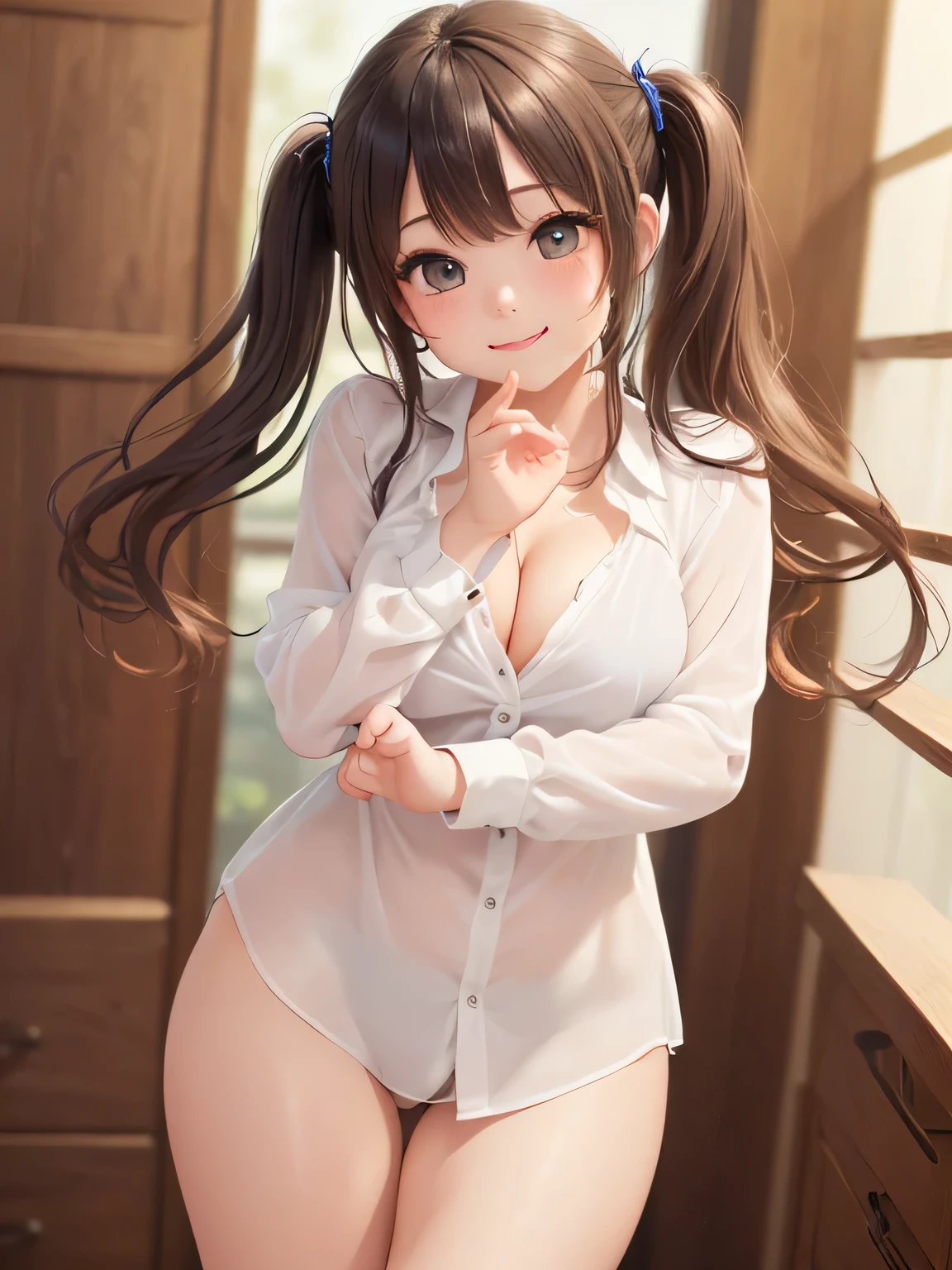 ((((Highest quality, High resolution)))), Extremely detailed 8K, Beautiful girl with slim body, (Ultra HD, Very detailed, Very detailed, Very realistic, Ultra-realistic, Photo Real), (One girl:1.5), Long Hair、Twin tails、Brown eyes, (Medium Breast: 1.2), (Beautifully detailed face, Beautiful attention to detail), (Sheer blouse:1.4),(Cleavage)、(Light of the sun, sunlight),(slender:1.5),(Light clothing:1.6),(Open chest)、(Idol face:1.7),(Beautiful eyes)、(Beautiful face)、(Toned body:1.5),(masterpiece:1.8),Blushing、Beautiful Skin、Moist eyes、Embarrassed expression、Baby Face、Big Eyes、smile、(Inviting pose:2.0),(Slim and beautiful legs:1.6),