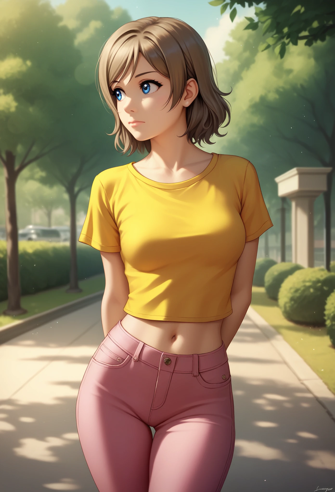 (Masterpiece), cowboy shot,8k wallpaper, solo, realistic anime, Watanabe you, standing, yellow crop top, short sleeves, pink pants,thighs, sunny day,blue eyes, beautiful detailed face and eyes, detailed background ,park street , arms behind back, looking away, closed mouth 