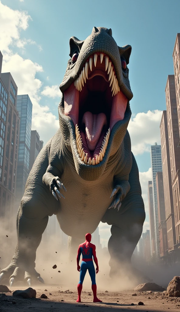 Create an exciting scene where Spider-Man is facing off against a massive, menacing T-Rex. The T-Rex is roaring fiercely at Spider-Man, displaying its large, sharp teeth. This encounter is taking place in the middle of a modern city, with buildings and streets visible in the background under the daylight. The T-Rex is so enormous that it dominates the entire scene, while Spider-Man stands bravely in front of it."