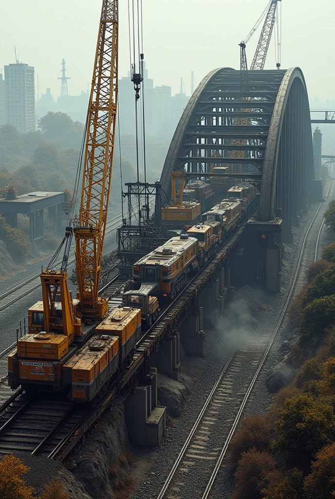 demolition works and special cran for railway food over bridge towing and dismantling iron bridge 