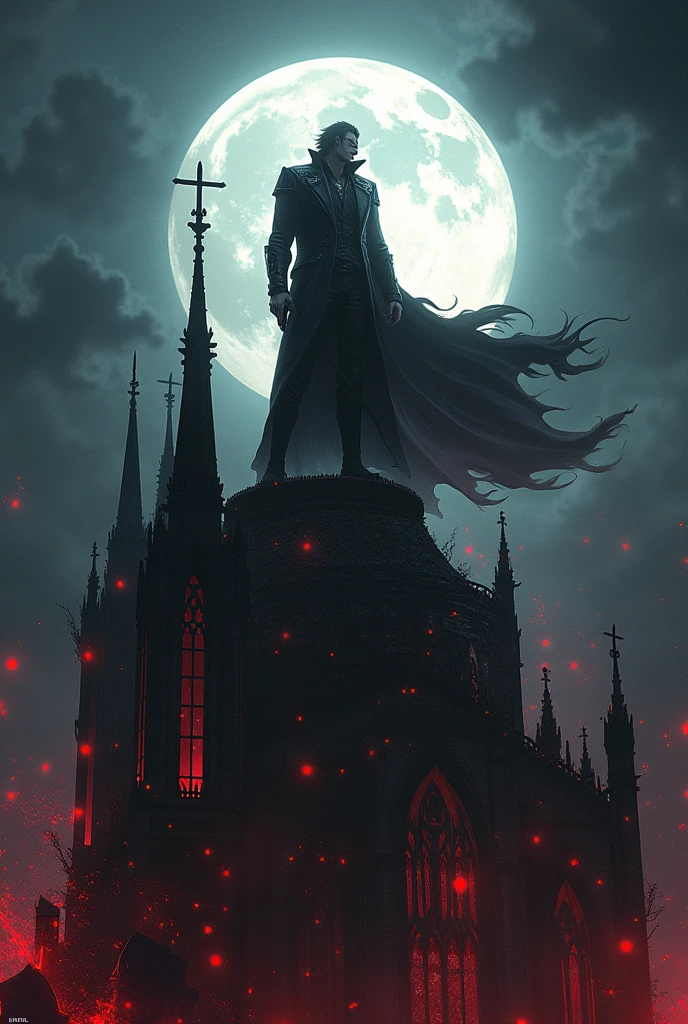 image of Alucard from Hellsing along with Dante from Devil My Cry, fighting demons on top of a cathedral on a full moon night