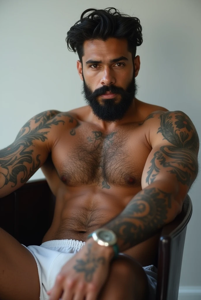 A young Puerto Rican man with a strong muscular beard and a full beard with tattoos on his arms and legs lying in white underwear on a chair, posing on bed, mid shot of a handsome guy, striking a hot and majestic pose, male sexy, caio santos, masculine pose, the extremely hot and sexy, very sexy pose, super hot and sexy, look sexy at the camera, beautiful young man, beautiful young man