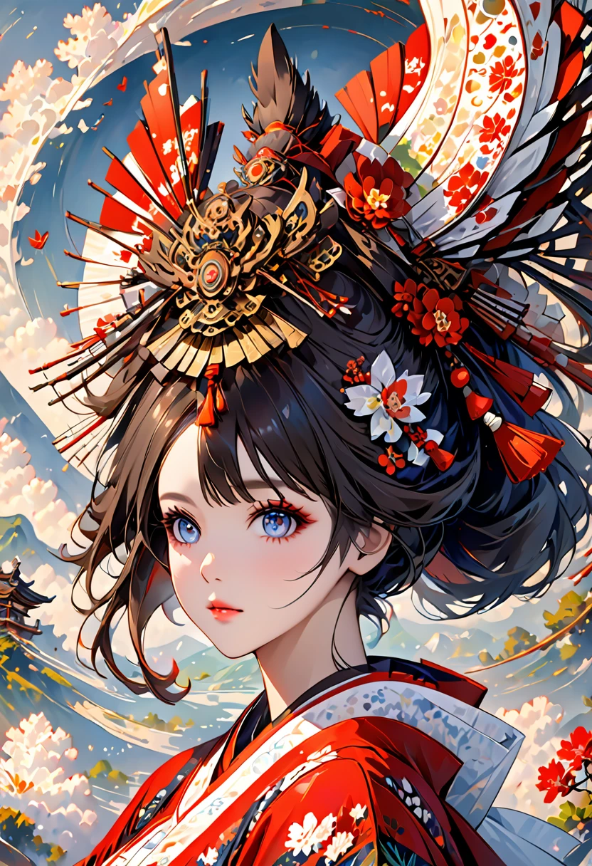 Ink painting, (((1 girl )), (((Tattoo in the middle of the forehead))), (((Oiran))), (((Great hair accessories))), Demon possession, , (((Masterpiece、Top quality للصورة、Highest quality、وحدة Very detailed 8kWall paper))), ((And covered with jewelry, an illustration of a single girl、All body covered))、(((beautiful girl))), (Masterpiece, Top quality, Best quality, Official art, Beautiful and aesthetic:1.2), A girl stood alone in front of an amazing work of art., Her eyes are wide with admiration., (Very detailed), Face up close, (Fractal art:1.3), All body covered بدقة, The intricate patterns and colors of the Fractal artwork surrounded her, Every line and curve is carefully designed..Colorful spirals and geometric shapes blend seamlessly., Resulting in the creation of a stunning piece that captured the essence of abstract beauty.. (Top detailed), Every little detail is meticulously drawn., She invited viewers to explore the depths of art and lose themselves in its complexities..