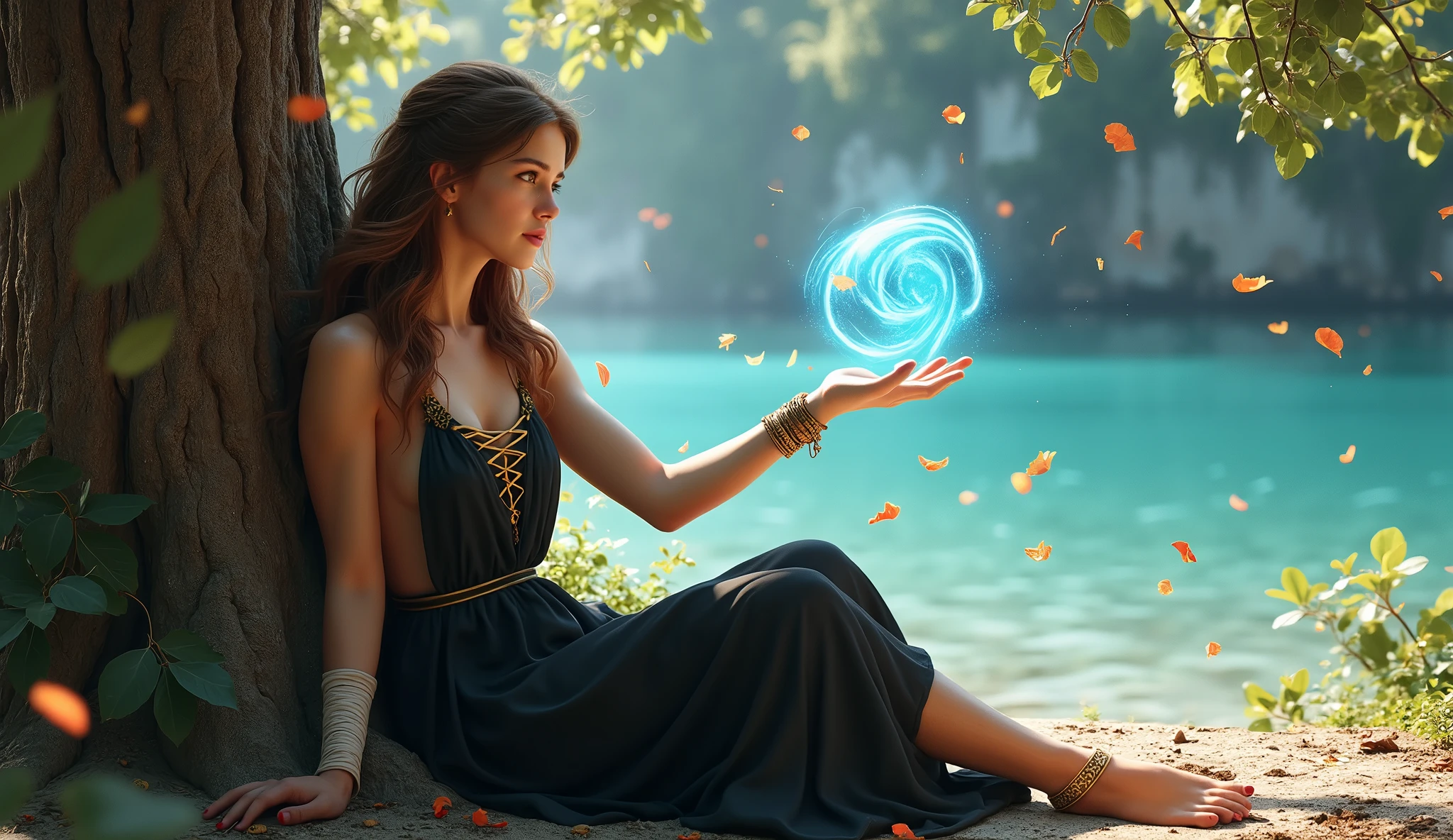 Masterpiece, best quality, (very detailed CG unity 8k wallpaper) (best quality), (best shadows) Nature, blue sea,delicate leaves petals of various colors falling in the air, super detailed , woman 30 years old, arm outstretched, blue Will-o'-the-wisp on his hand . brown hair, short black greek toga with golden laces. gold bracelet, sitting against a tree (Eucalyptus deglupta), bandaged ankle with a little blood,paulina seikola, verunka, sexy hottie, large breast