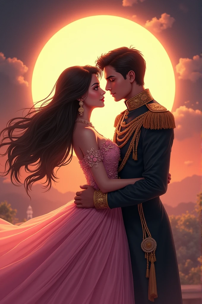 A beautiful princess with dark brown hair and black eyes wearing a aesthetic pink gown with a handsome indian soldier uniform romantic moment anime style. Solar eclipse in background aesthetic picture