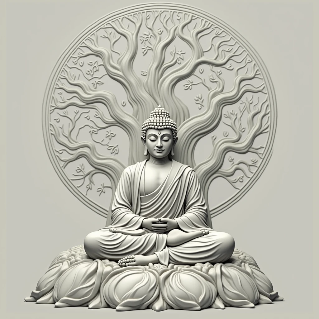 The Buddha is meditating under a big banyan tree., Surrounded by a peaceful atmosphere"