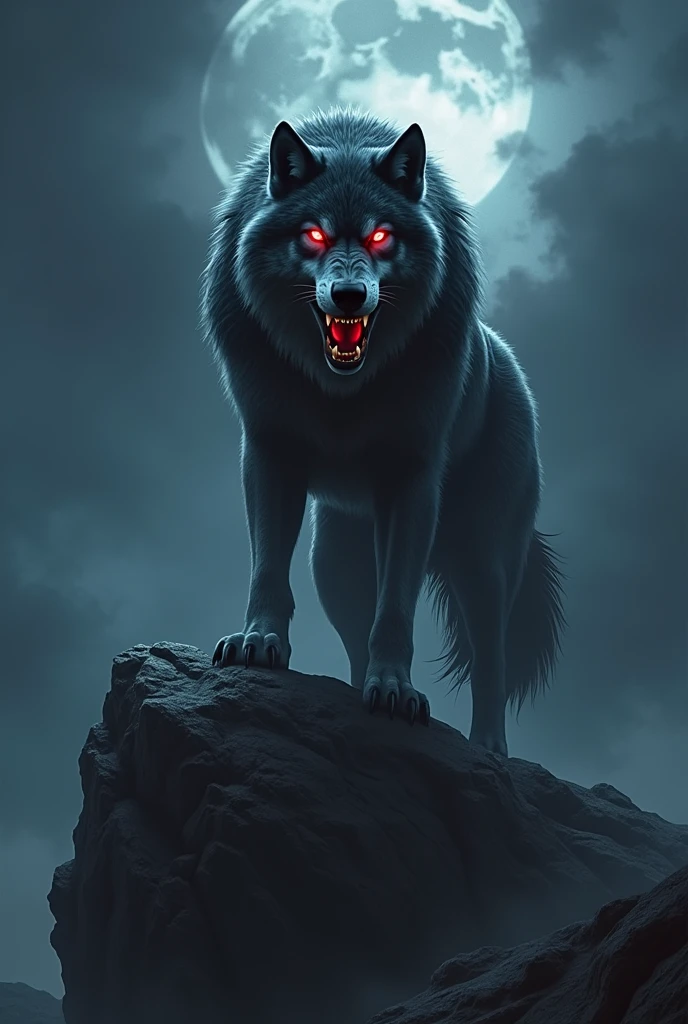 Wolf with red glowing eyes with big fangs in night time standing in a big stone up a cliff with black and white fur looking towards the screen