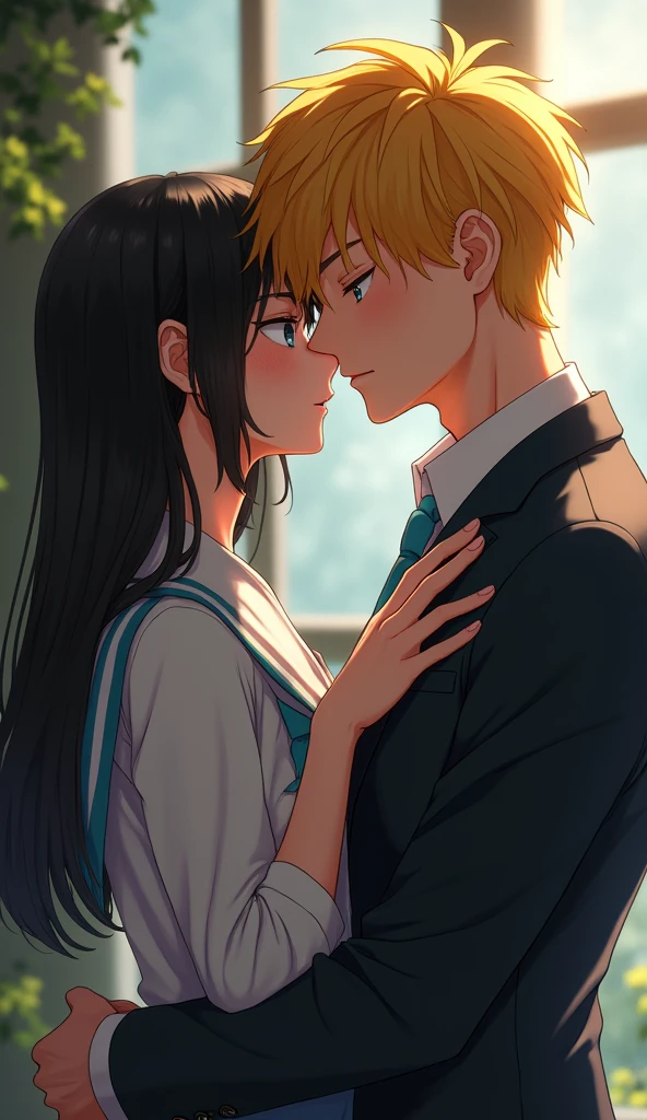(32K:1.9, Realistic:1.9, Highest quality, masterpiece, Ultra-high resolution), Perfect dynamic composition:1.3, Highly detailed skin and facial textures:1.3, Cute sexy slim Japanese schoolgirl, (Slimman, Height about 180cm), (They both close their eyes, A man carries a woman in his arms and kisses her:1.3), Fair skin, ((Clarity:1.1)), (Man is anime「Marmalade Boy」Wearing a wonderful uniform:1.3, Bright yellow hair, beautiful目:1.3), (The woman is wearing a uniform with a light blue tie..:1.3, Straight black hair.:1.3, smile:0.9, A man completely charms a woman:0.9, beautiful Blue Eyes, beautiful, Clear Eyes:0.8), Sexy Face:0.4, blush:1.1, (beautifulエロティシズムを醸し出す雰囲気:0.8), Professional random camera work, Cinematic Lighting Effects, (Full Body Shot), (Too erotic), romantic, mysterious, Object of admiration, original, dramatic, artistic, Innovative, charm, Heartful, Fancy, Tilt, sense of loss, special, exciting, Extreme, sense of openness, joy, joyの表現, ((若さのcharm, 女性的なcharm))