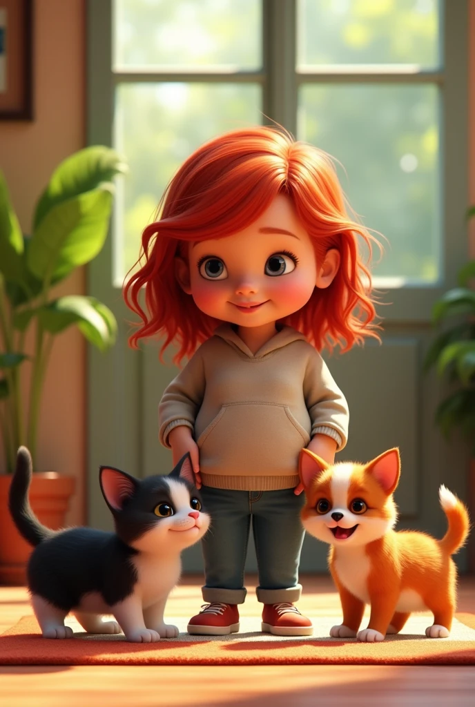 Create an animated pixar photo of a red-haired girl with big hips, chubby and a little chubby, with a small black and white cat and another orange and white cat and a Yorkie breed dog, everyone happy