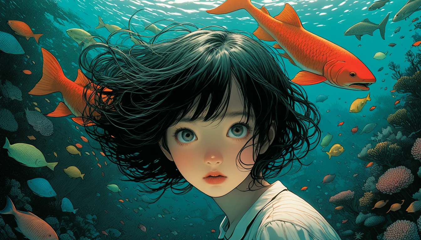 An illustration、art、Horror, Supervised by Junji Ito、Attention to detail, Realistic shadows、Analog Style, chromatic aberration, Surrealism、seabed