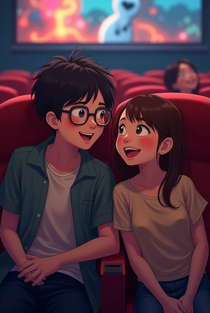 a broad-faced boy, with round lenses, thin lips and a girl together, with brown hair, sitting in a movie theater watching kung fu panda 4,  The girl leaves laughing while trying to shake the boy&#39;s hand, They are a couple of lovers looking at each other out of the corner of their eyes, the girl without glasses