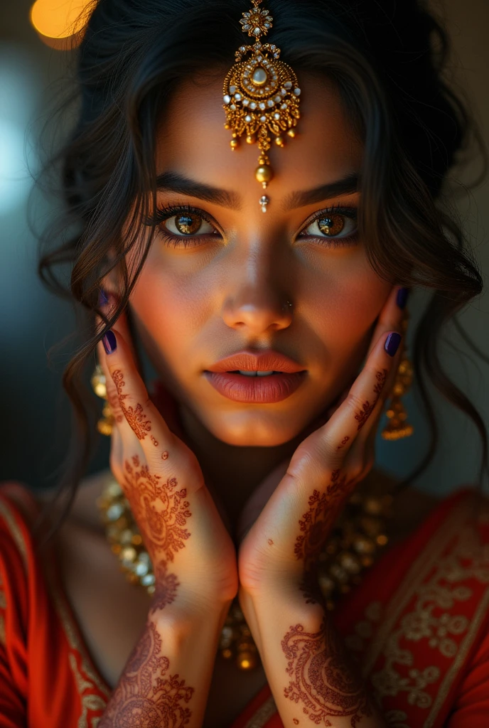 intricate detailed portrait of an indian woman, beautiful detailed eyes, beautiful detailed lips, extremely detailed face and features, long eyelashes, ornate jewelry, traditional Indian dress, intricate henna patterns on hands and arms, warm skin tones, soft diffused lighting, cinematic composition, vibrant colors, highly detailed, photorealistic, award winning digital art