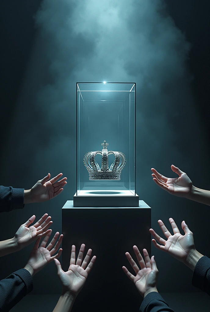 (bookcover), large silver wedding crown, Wedding crown in a glass box on the table, dark background, Under the glass box there is a large stage space for cast weddings, Many hands from the right and left want to grab the wedding crown, perfect hands